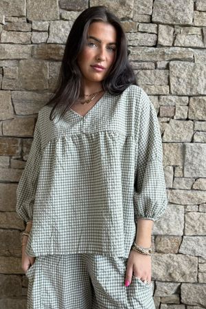Arbi Gingham Peasant Smock Blouse Khaki